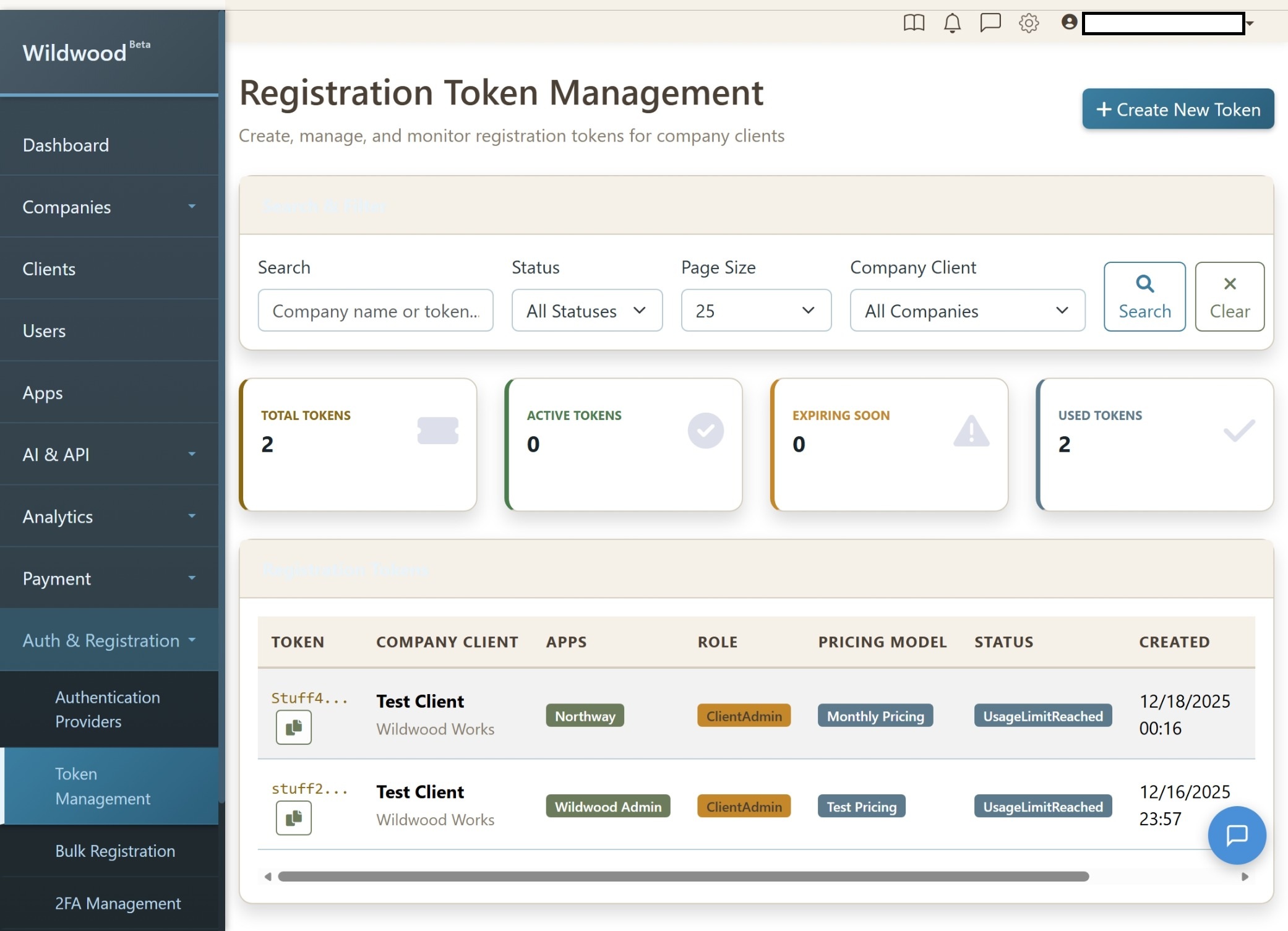 Wildwood Registration Tokens